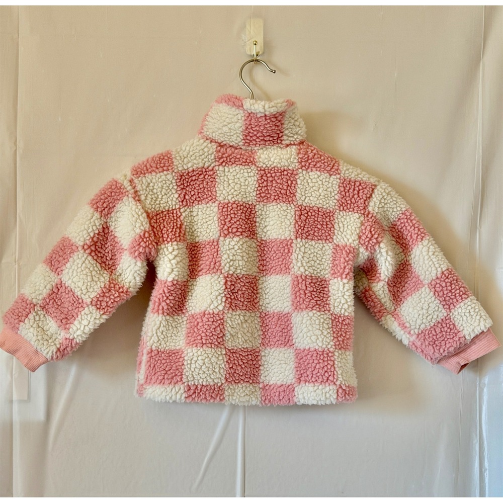 Mud Pie Pink White Checkered Sherpa Fleece Zip Up Jacket Toddler Girls 2T-3T - Picture 4 of 4